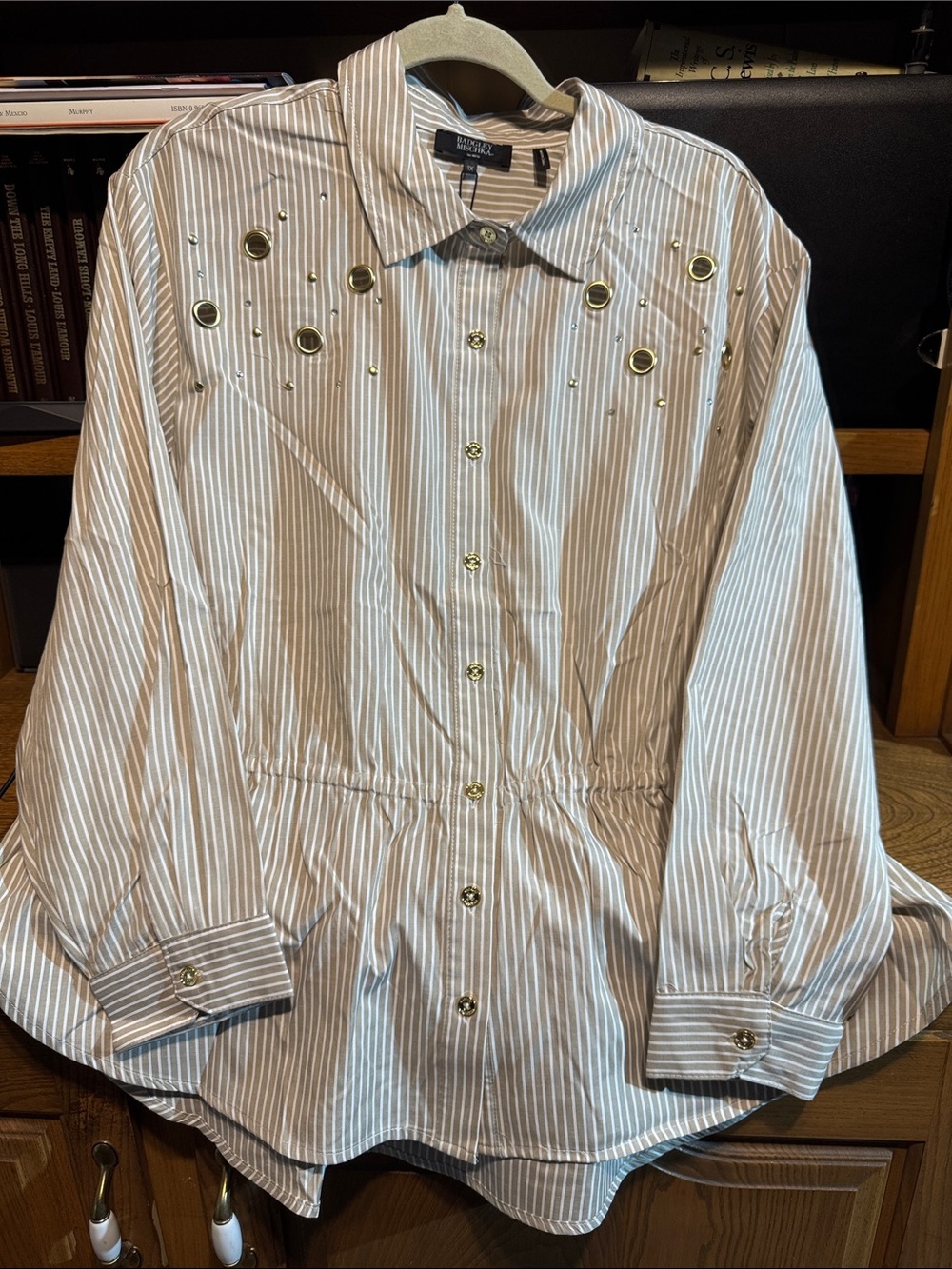 Badgley Mischka White and Tan Striped Button-Up Shirt with Gold Eyelets